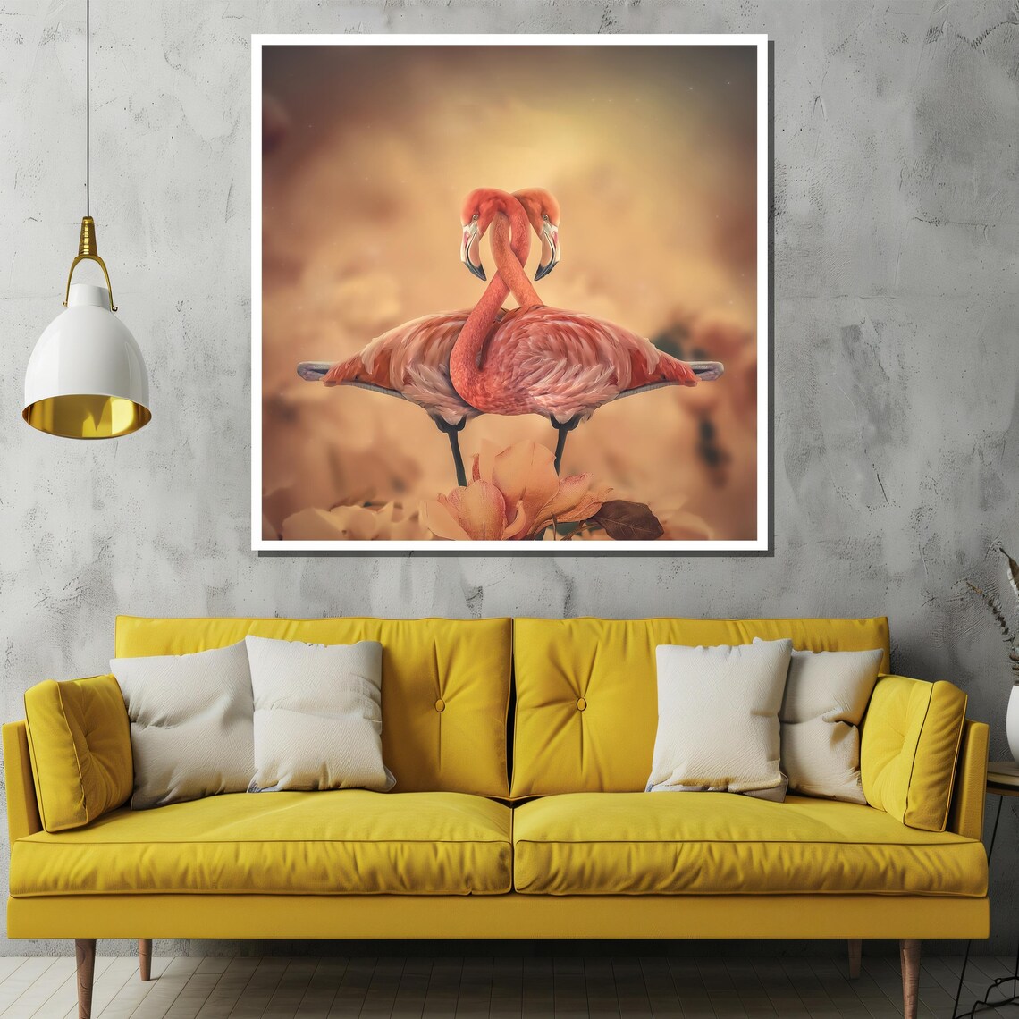 Two Flamingos with Necks Forming a Heart Romantic Painting Poster - Image 2