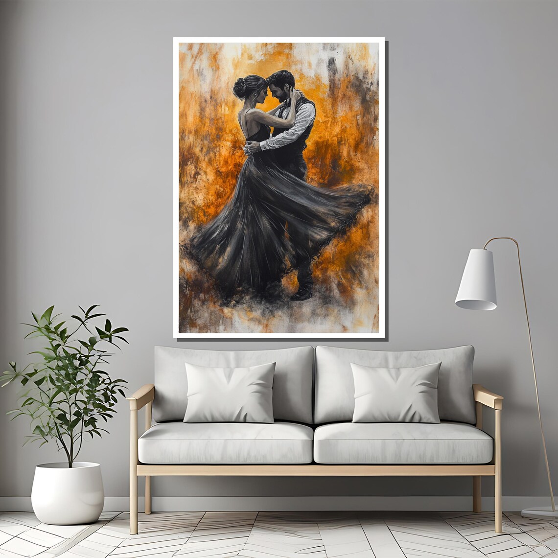 Couple Dancing Embrace Black Gown Fiery Orange Painting Poster - Image 2