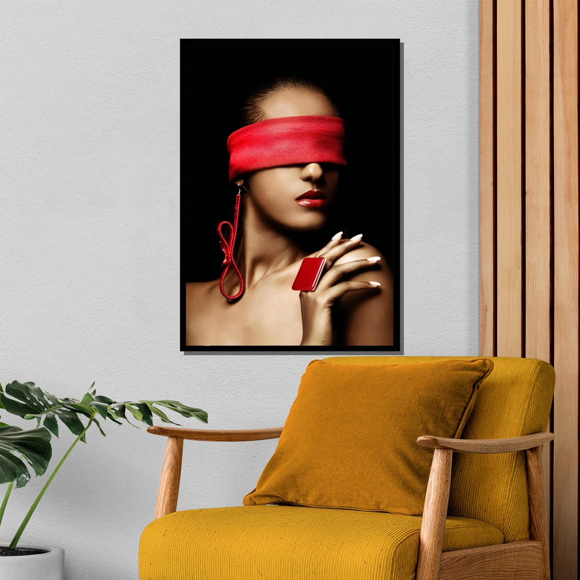 Woman with Red Blindfold and Bold Red Lips Dark Sensual Wall Art - Image 4