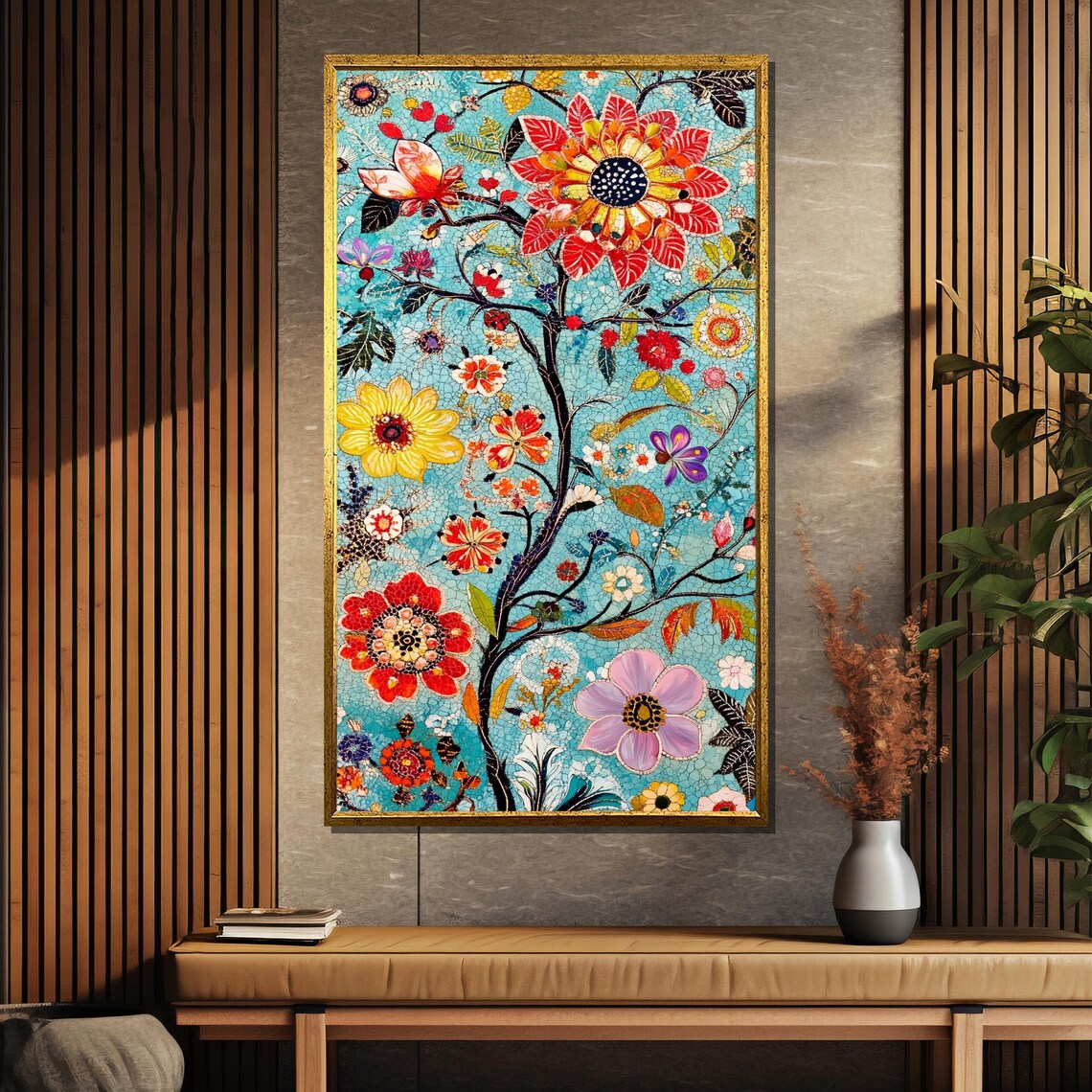Colorful Floral Tree of Life Mosaic Painting on Turquoise Art Poster - Image 5