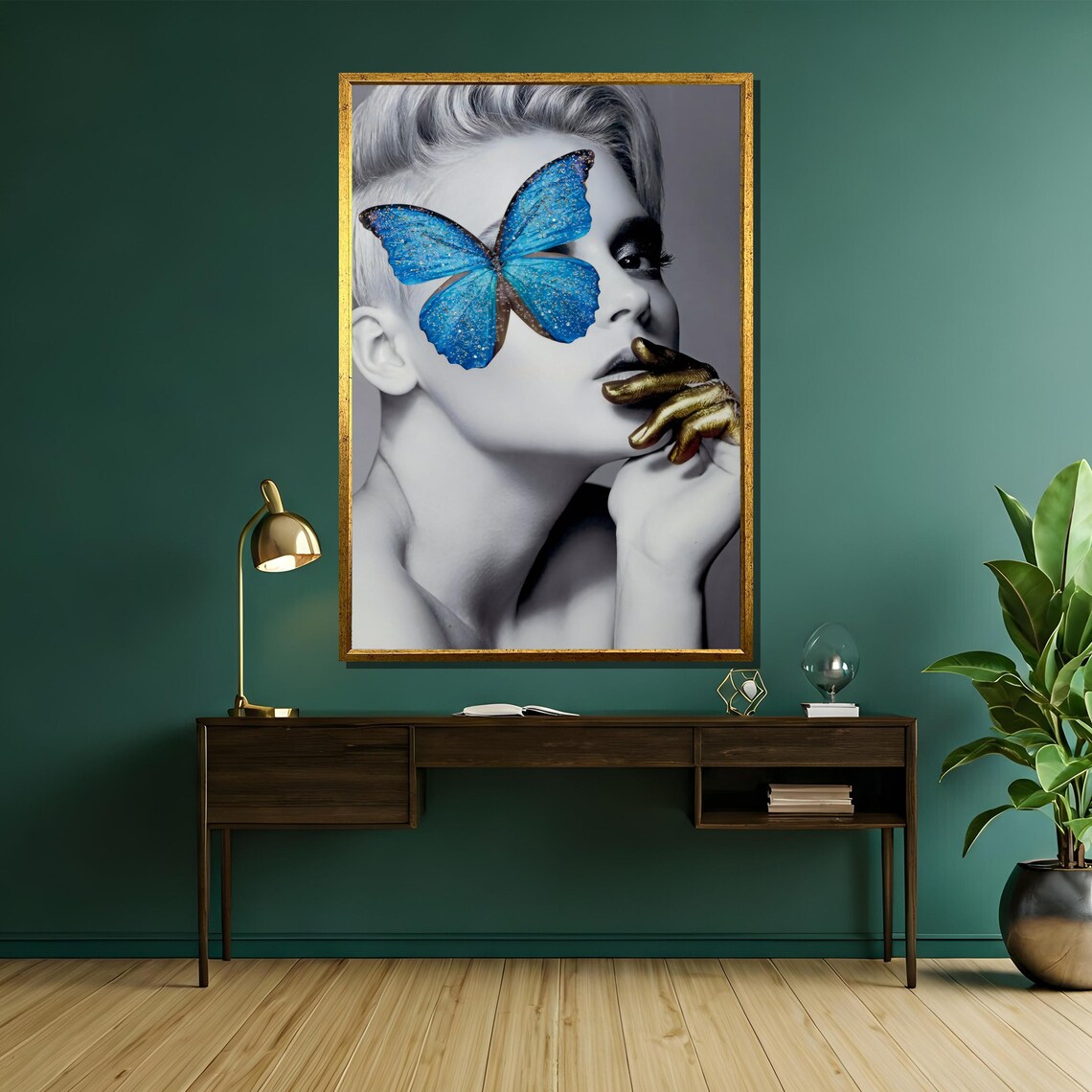 Modern Woman With Blue Butterfly Fashion Black And White Art Poster - Image 5