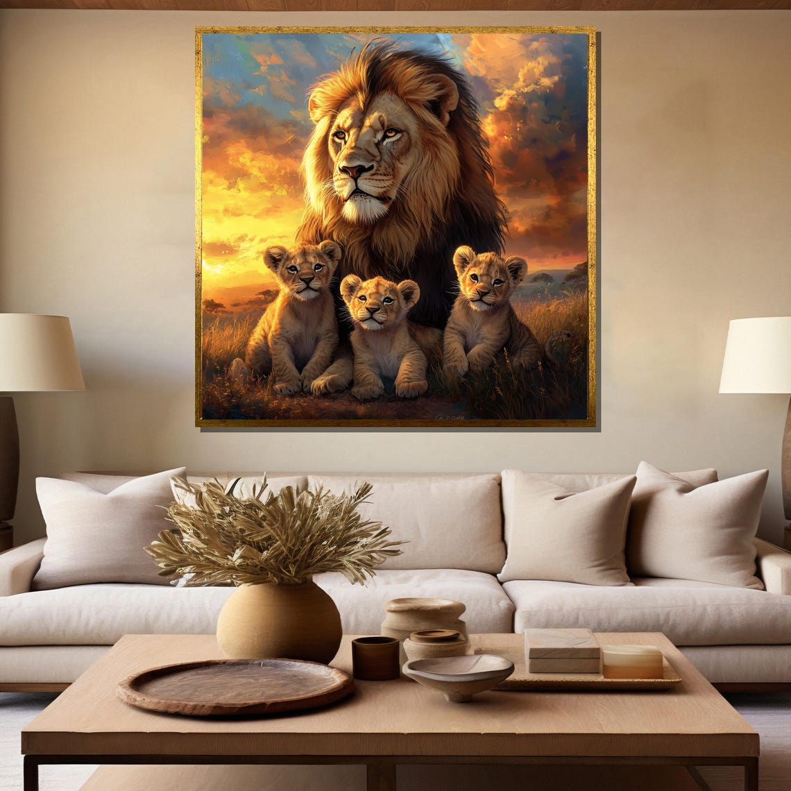 Noble Lion With His Three Cubs Under A Fiery Sunset Sky Poster - Image 5