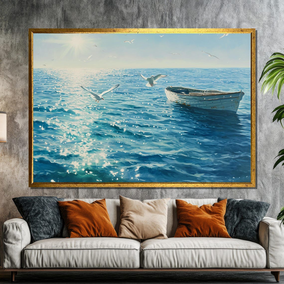 Rowboat and Seagulls on Sparkling Sunlit Blue Ocean Painting Poster