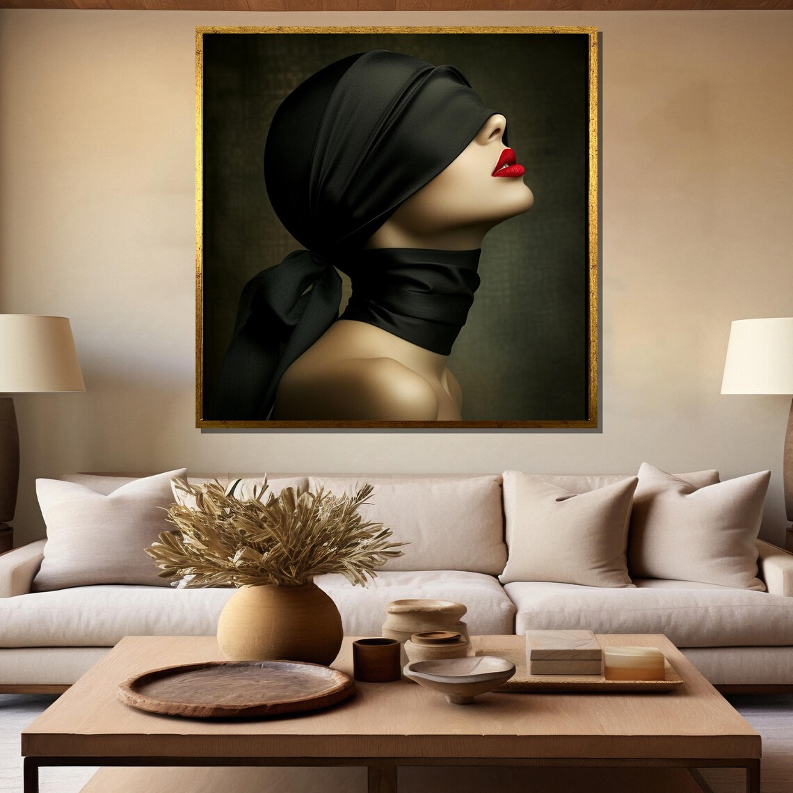 Blindfolded Woman with Black Silk Scarf and Bold Red Lips Poster - Image 5