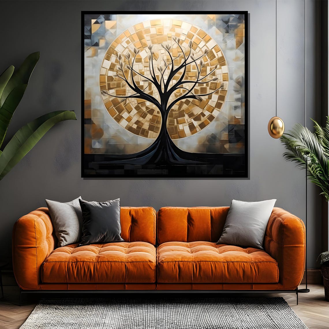 Black Tree Silhouette With Golden Mosaic Moon Circle Art Poster - Image 4
