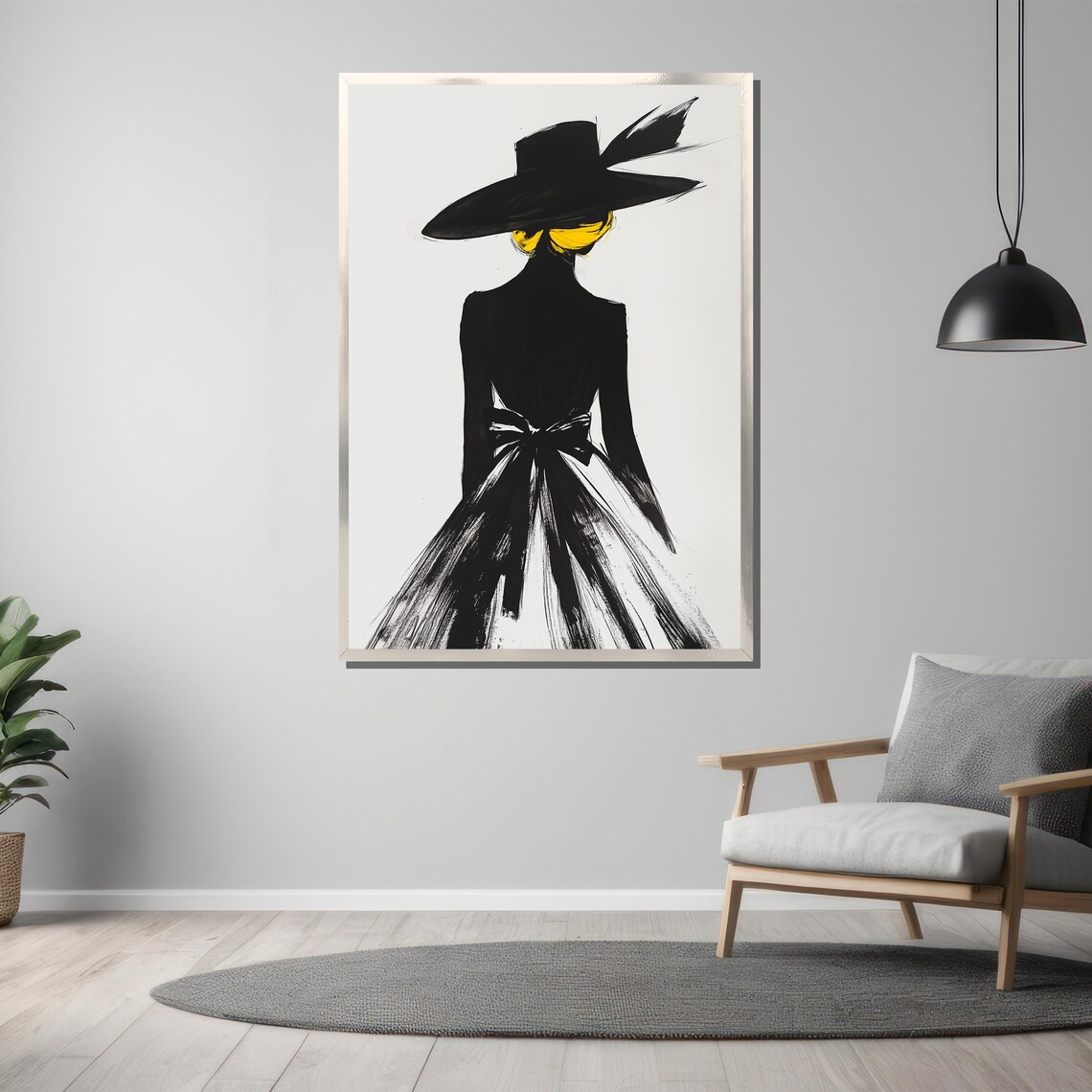 Fashion Lady in Black Dress and Wide Hat Silhouette on White Poster - Image 3