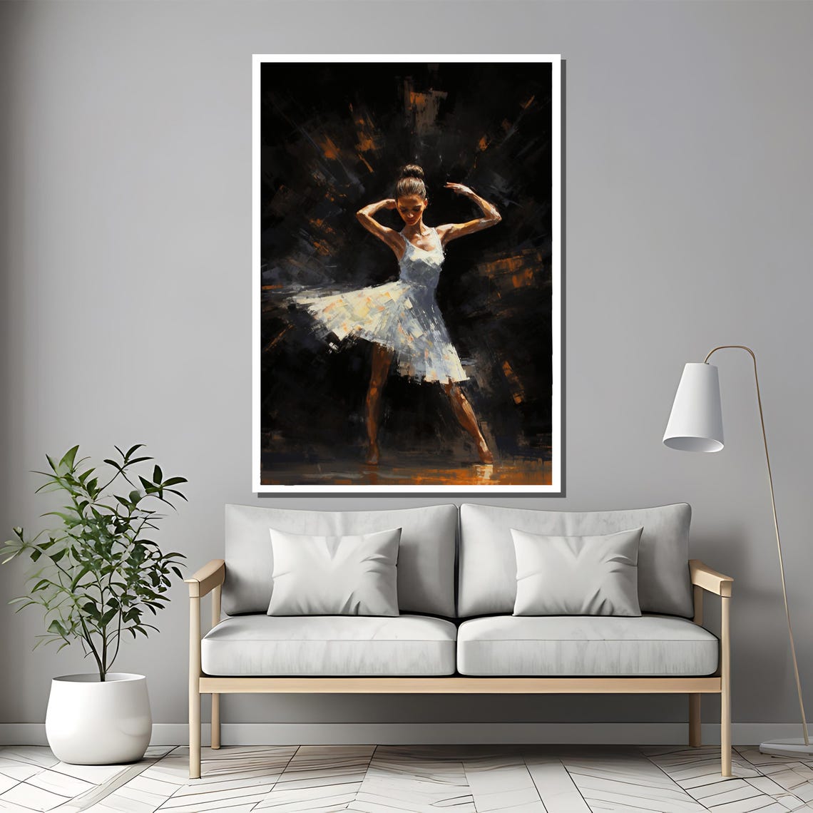 Ballerina in White Dress Dramatic Dark Stage Painting Poster - Image 2