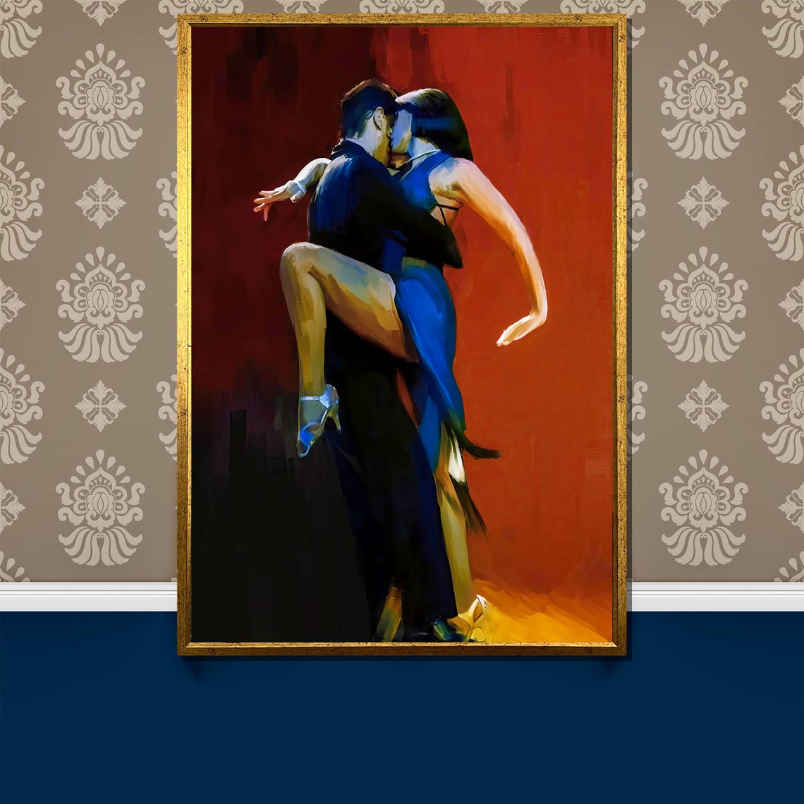 Passionate Tango Dance Couple On Blazing Red Background Poster