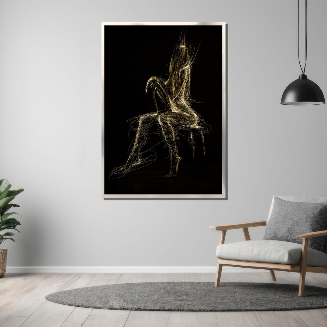 Abstract Gold Line Art Nude Silhouette on Black Background Poster - Image 3