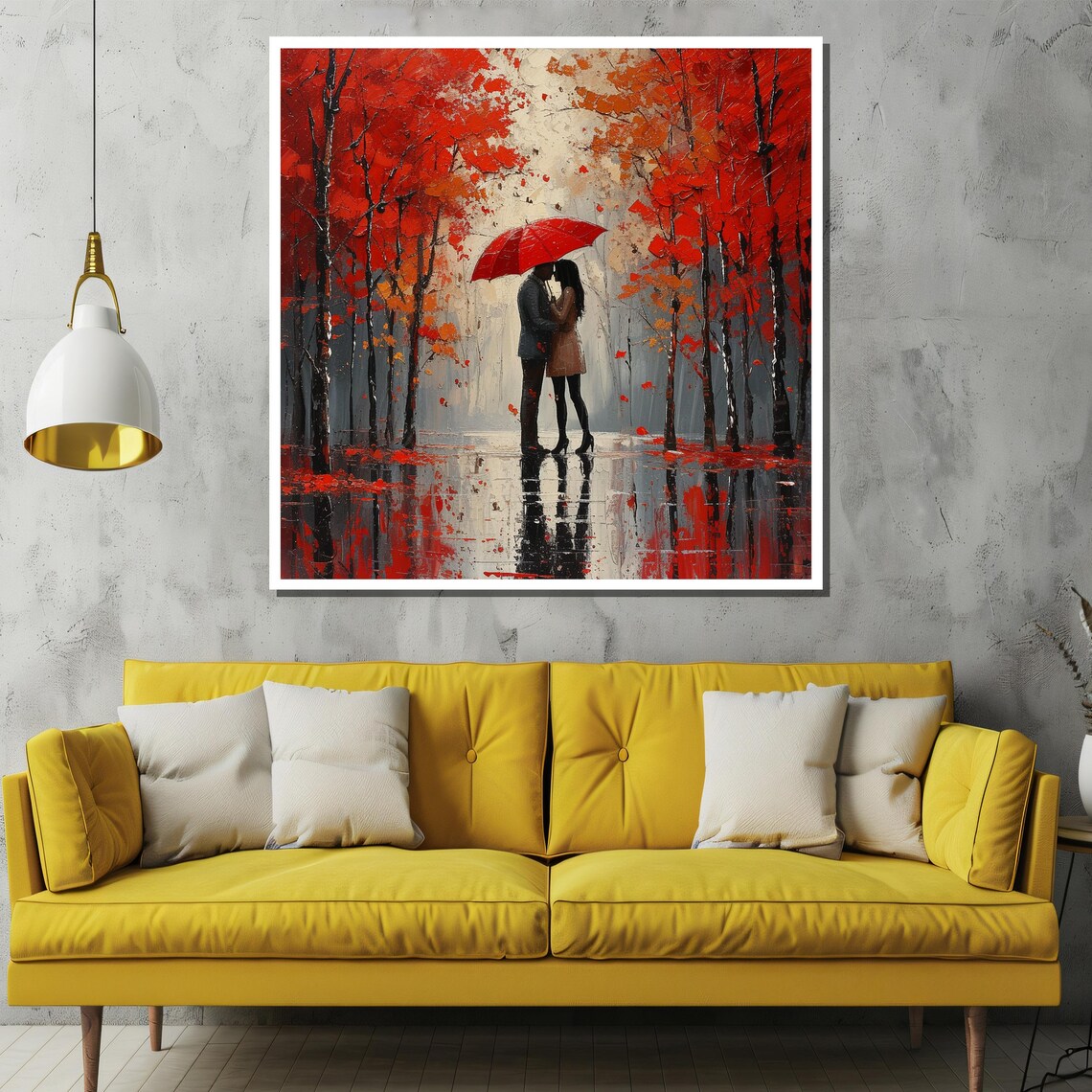 Couple Kissing Under Red Umbrella In Red Autumn Forest Poster - Image 2