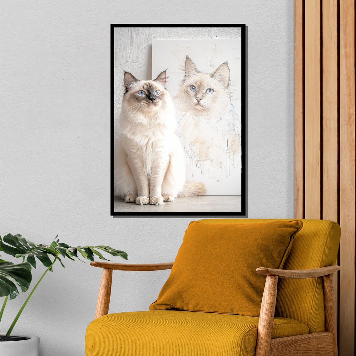 Blue Eyed Beauty White Cat Posing Beside Its Own Sketch Poster - Image 4