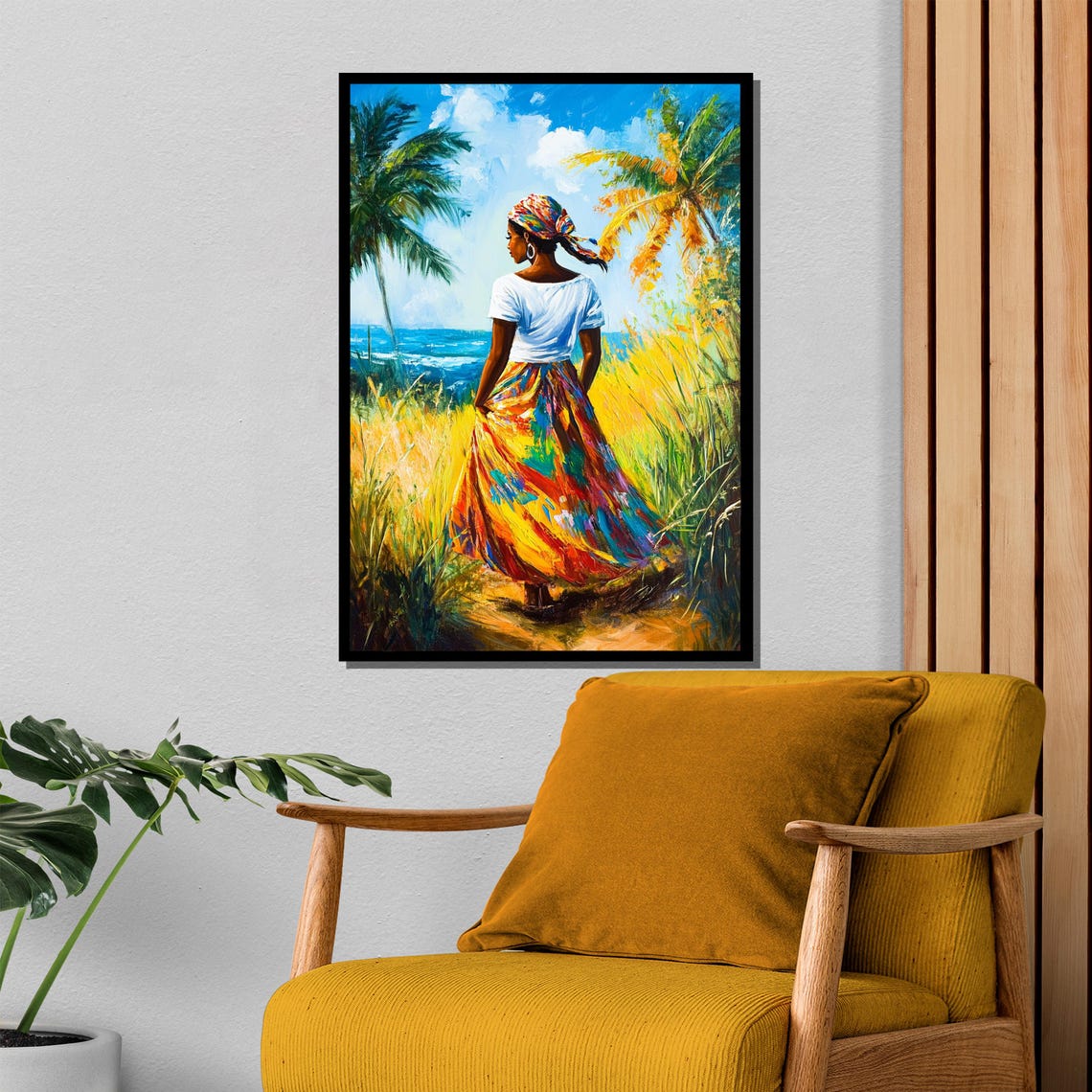 Colorful Caribbean Woman Walking Along Tropical Seaside Art Poster - Image 4