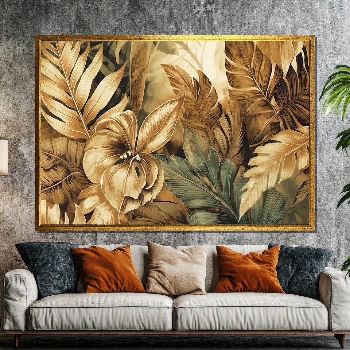 Golden Tropical Leaves and Bloom Botanical Wall Painting Poster