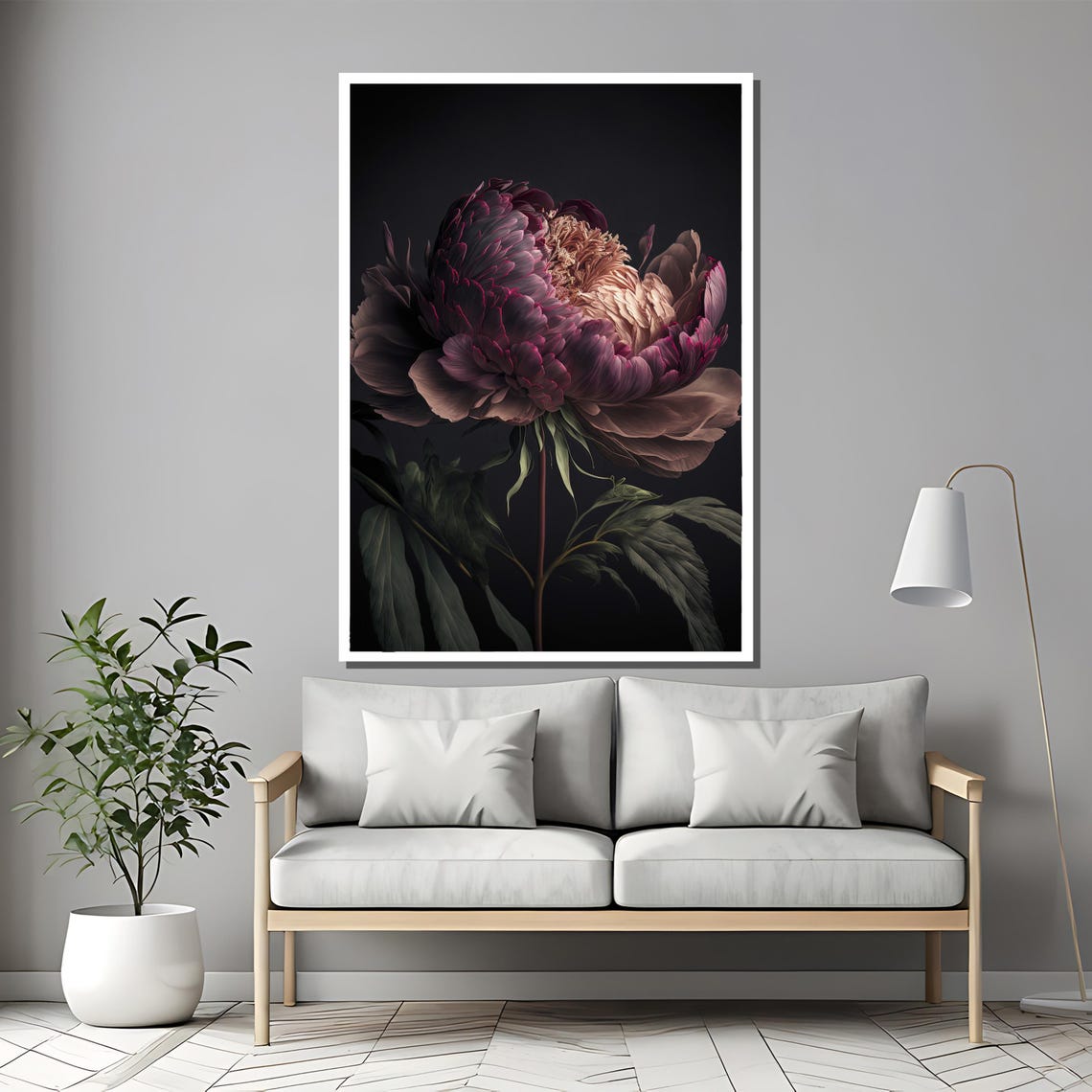 Dark Burgundy Peony Bloom on a Moody Black Background Poster - Image 2