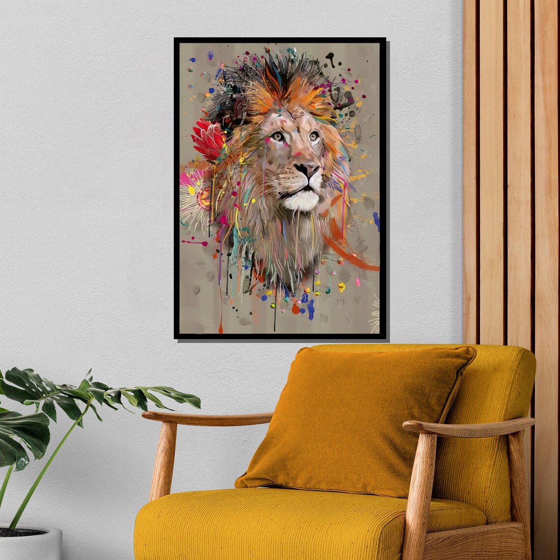Vibrant Splash Paint Lion Portrait On Neutral Gray Backdrop Poster - Image 4