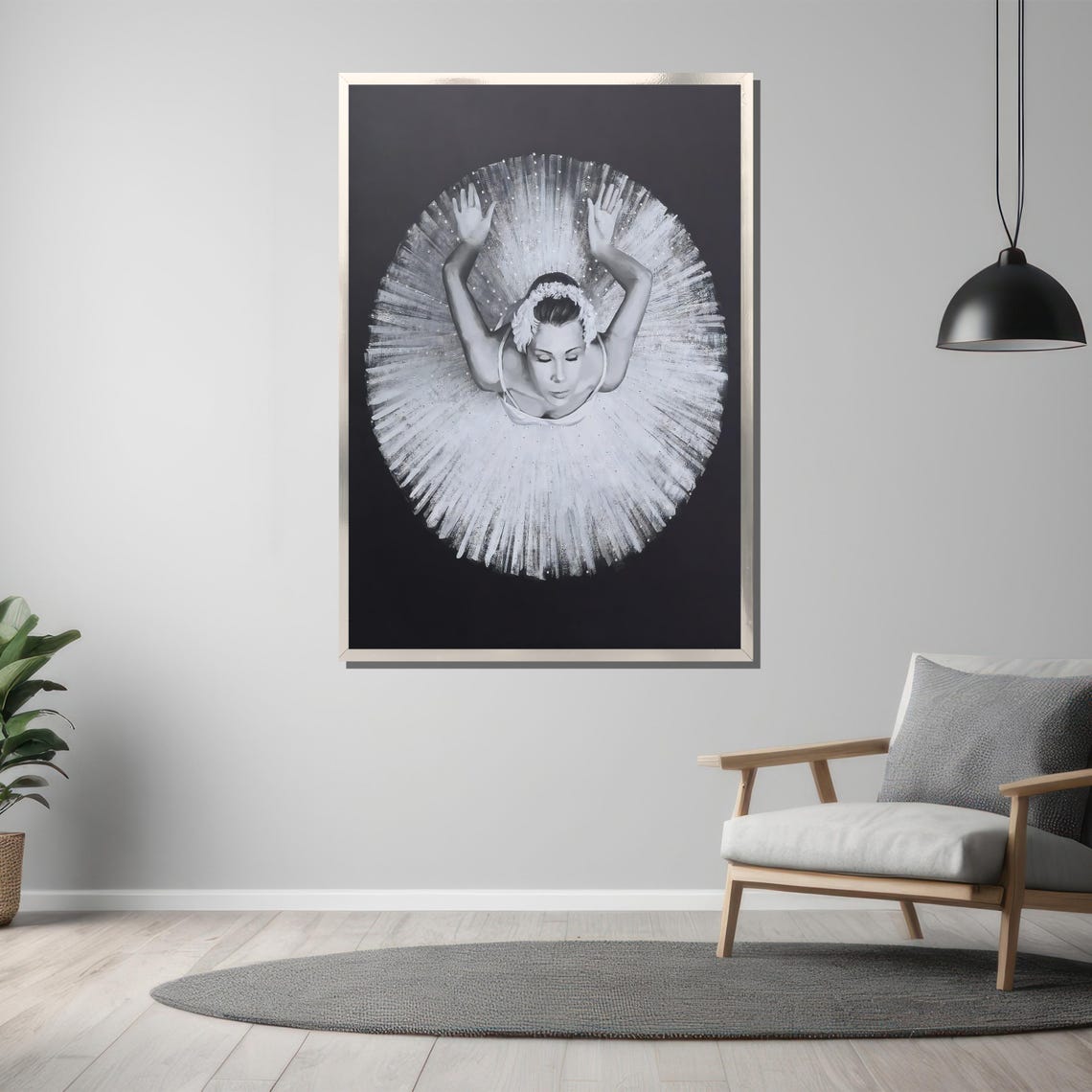 Top-Down Black and White Ballerina with Floral Crown Art Poster - Image 3