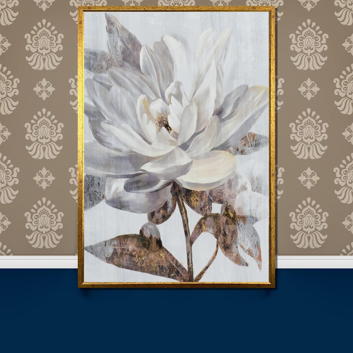 White Magnolia Blossom Close Up with Bronze Leaves Painting Poster
