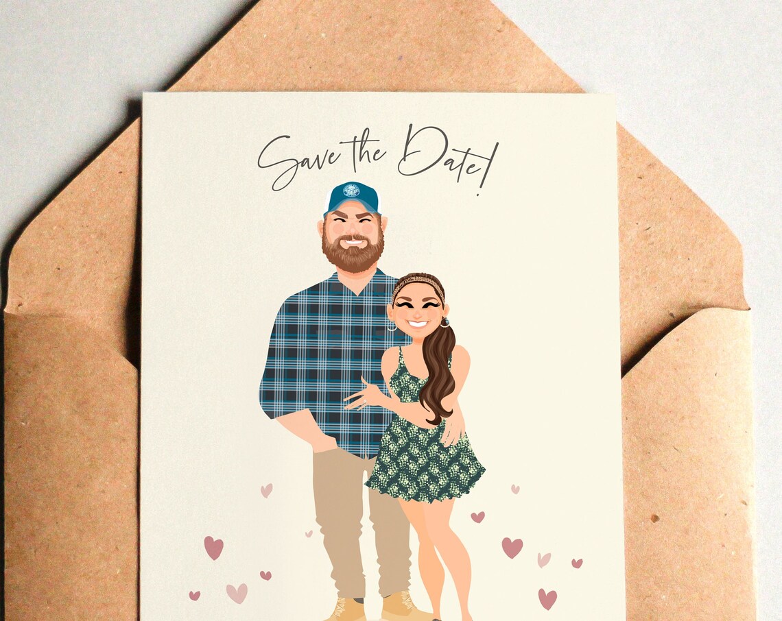 Custom Illustrated Save the Date Card With Bearded Couple Poster