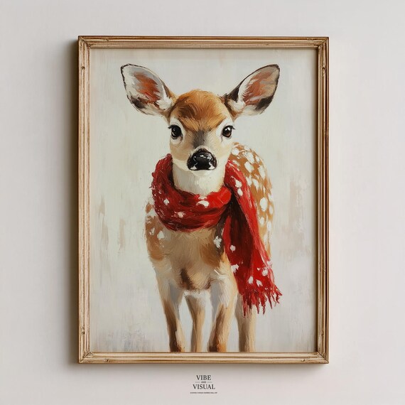 Baby Fawn in Red Scarf Cute Winter Deer Nursery Animal Art Poster