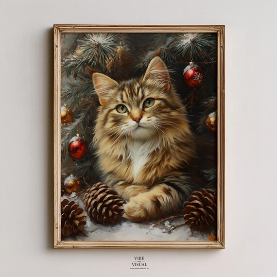 Norwegian Forest Cat Christmas Pinecones Festive Holiday Portrait Poster