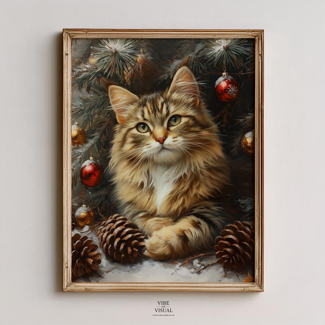 Norwegian Forest Cat Christmas Pinecones Festive Holiday Portrait Poster