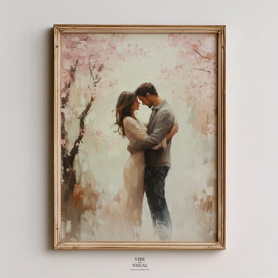 Romantic Spring Couple Embrace Impressionistic Painting Moody Pink Blossoms Art Cozy Wall Decor Instant 418