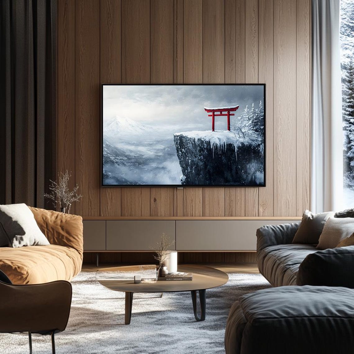 Red Torii Gate on a Snowy Cliff Japanese Winter Landscape Poster - Image 3