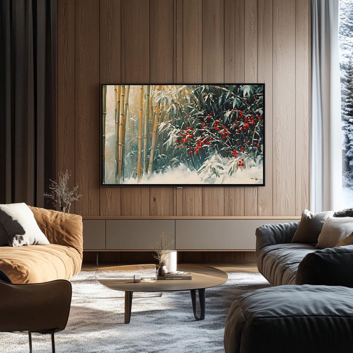 Snowy Bamboo Grove with Red Winter Berries Japanese Forest Poster - Image 3