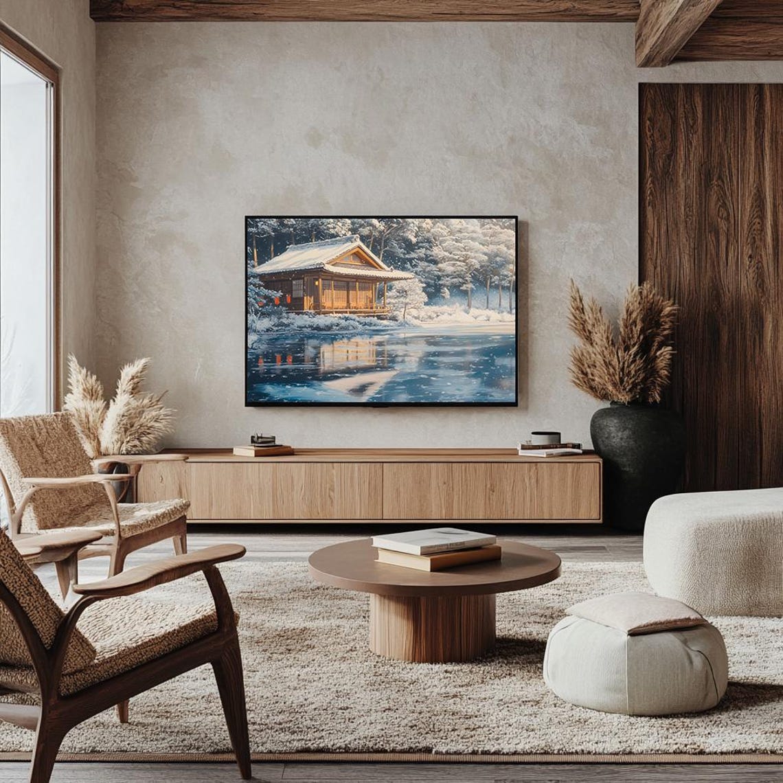 Snowy Tea House Beside an Icy Lake with Reflections Winter Poster - Image 4