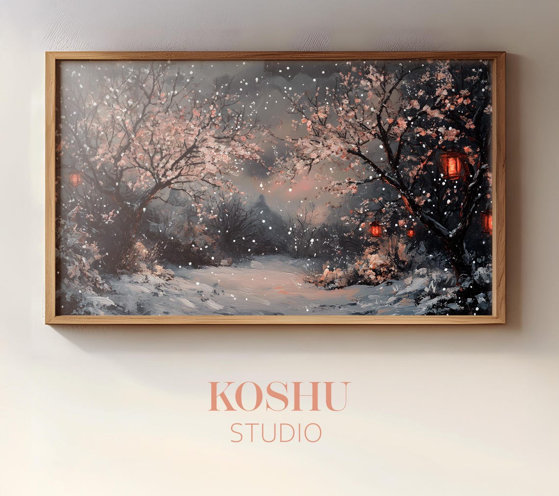 Snowy Cherry Blossom Path at Night with Lanterns Japanese Poster
