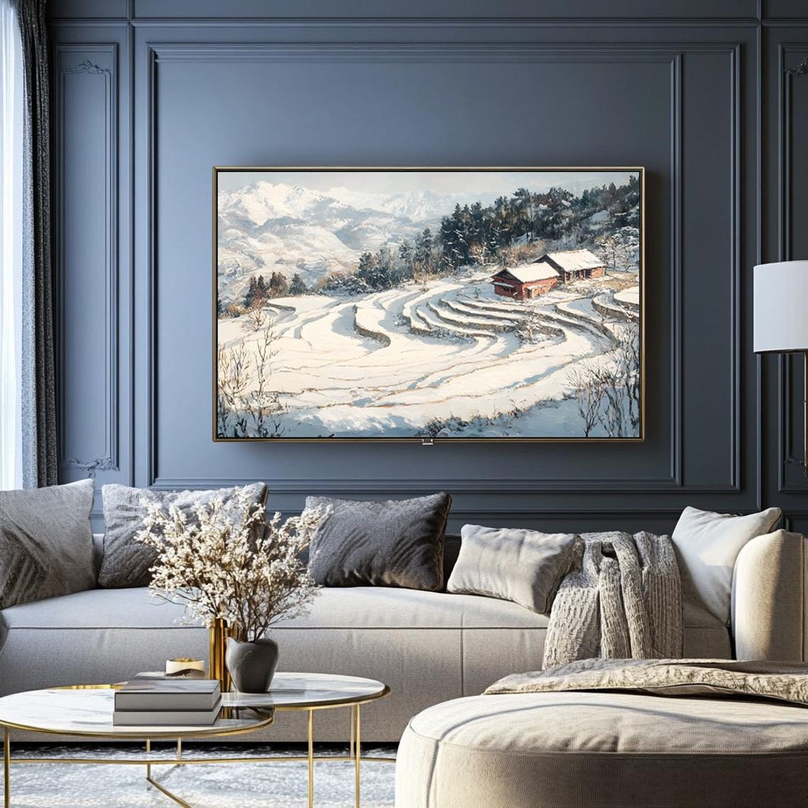 Snow Covered Terraced Hillside with Red Barns Winter Farm Poster - Image 2
