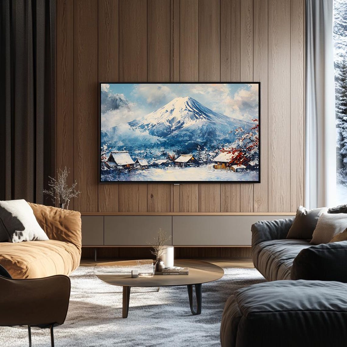 Mount Fuji Above a Snowy Village Japanese Winter Art Painting Poster - Image 3