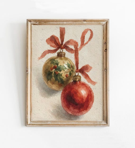 Vintage Christmas Ornaments Painting Red And Gold Abstract Art Muted Holiday Festive Decoration Watercolor