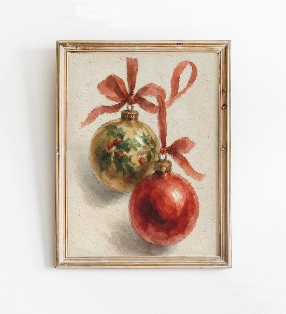 Vintage Christmas Ornaments Red Gold Watercolor Holiday Baubles Poster