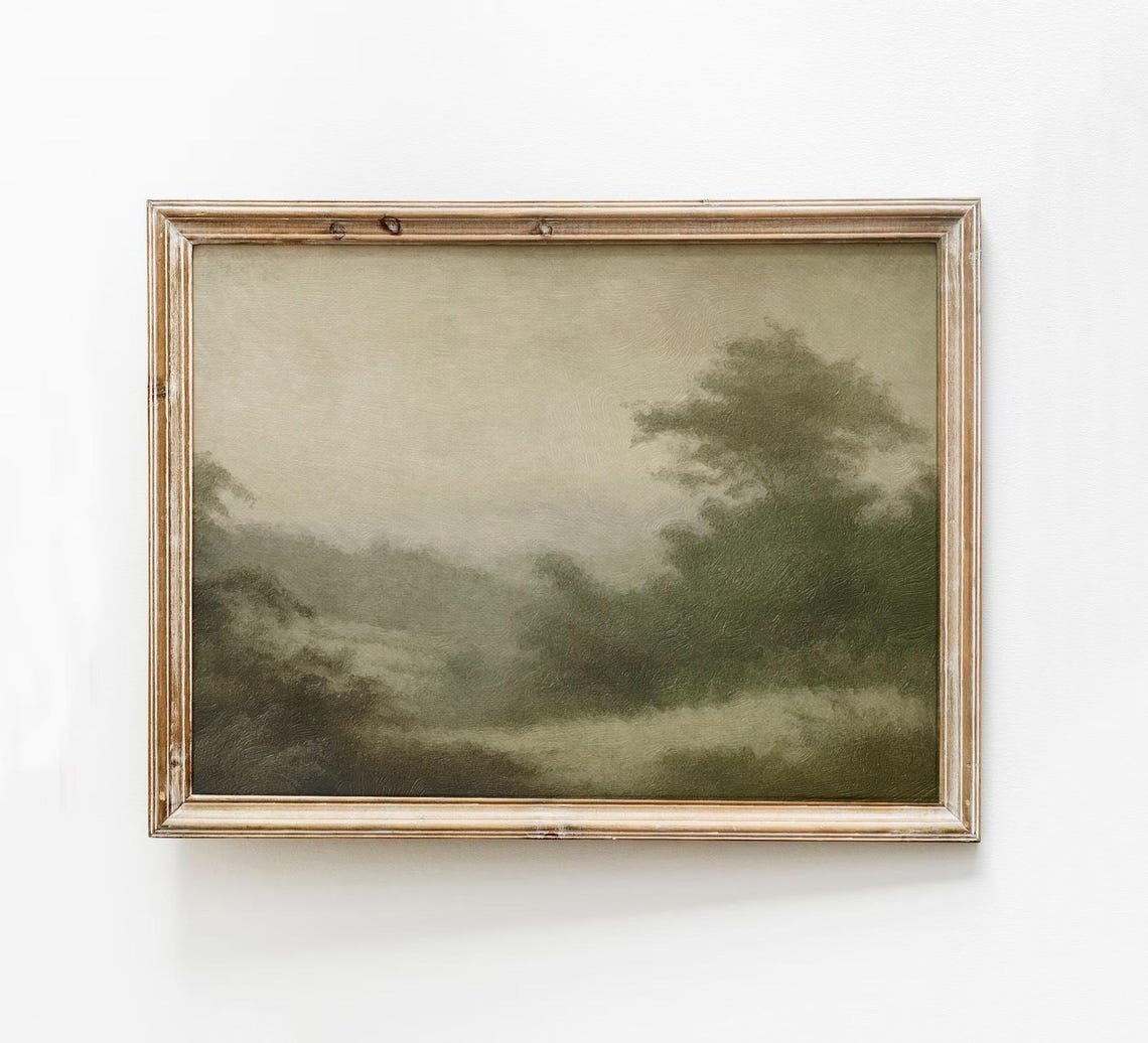 Moody Green Landscape Misty Trees Neutral Vintage Forest Wall Art