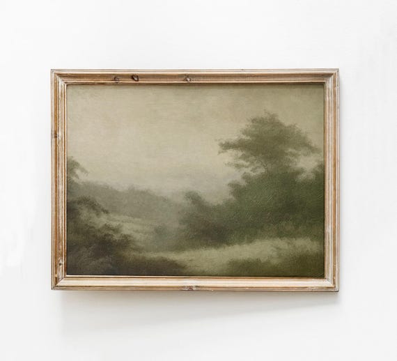 Green Landscape Abstract Art Moody Neutral Print Trees Watercolor Painting Modern Organic Decor Field Wall Vintage Beige