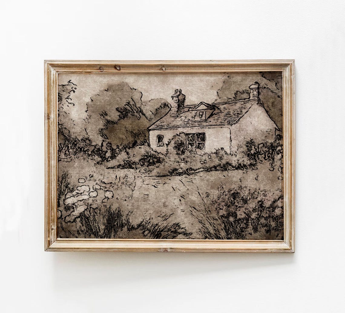 Sepia Cottage Ink Sketch Rustic Country House Landscape Art Poster