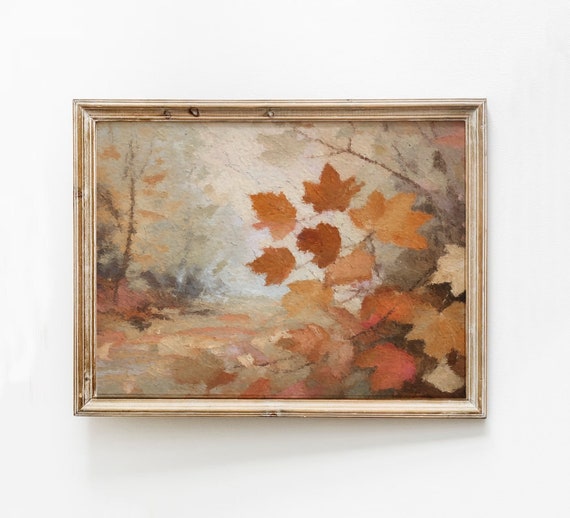 Vintage Autumn Landscape Painting Rustic Country Field Art Moody Print Fall Leaves Wall Decor Foliage Instant