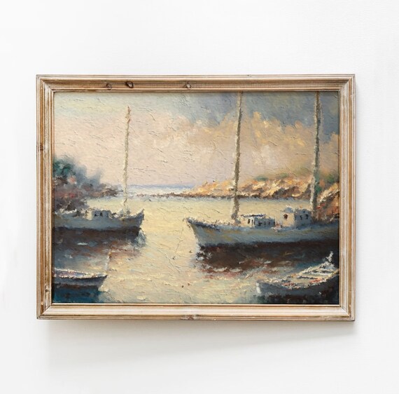 Sailboats Harbor Sunset Impressionist Marina Oil Painting Poster