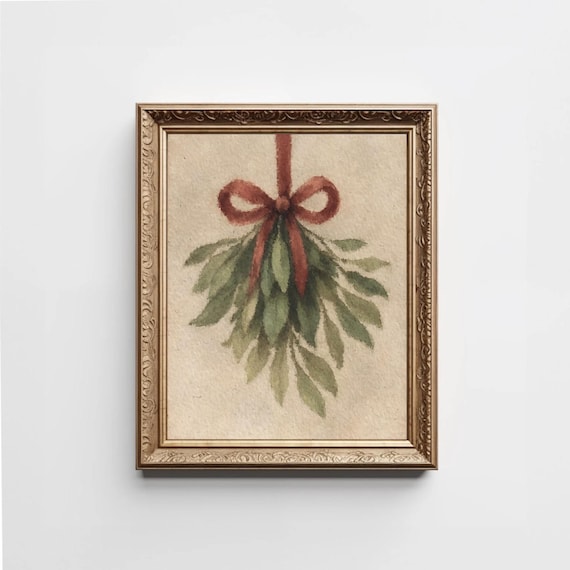 Vintage Mistletoe Sprig With Red Ribbon Christmas Botanical Poster