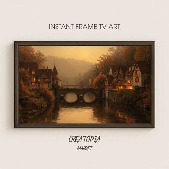 Samsung Frame Tv Art Autumn Sunset Over The Riverside Bridge Vintage European Town