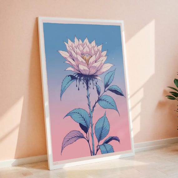 Floral Art Print Botanical Poster Modern Wall Decor Minimalist Flowers Living Room Pink And Blue Illustration