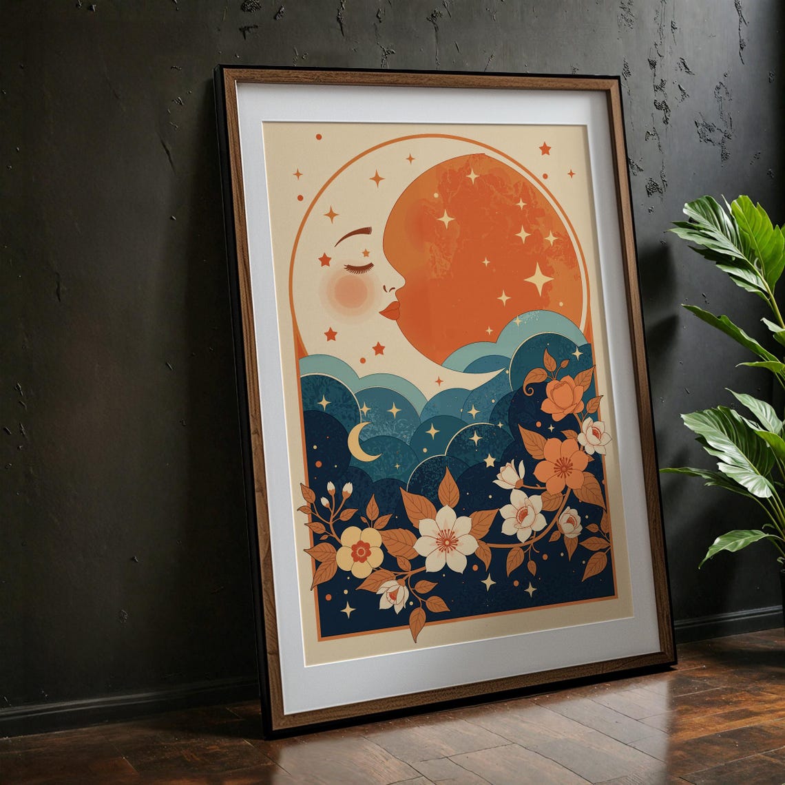 Celestial Moon And Floral Retro Boho Art Print