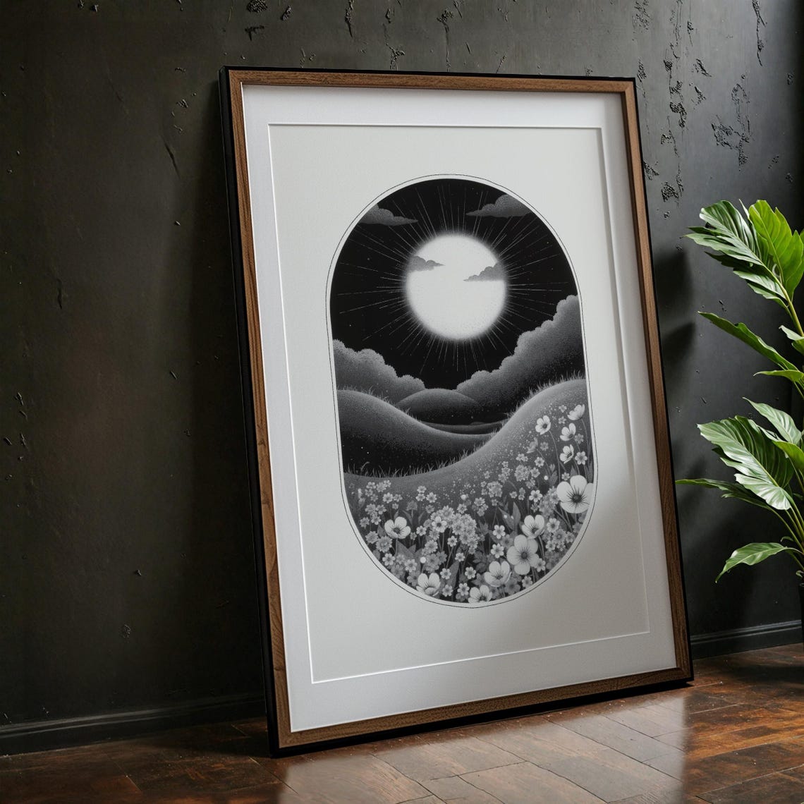 Celestial Moon Night Wall Art for Black and White Starry Landscape