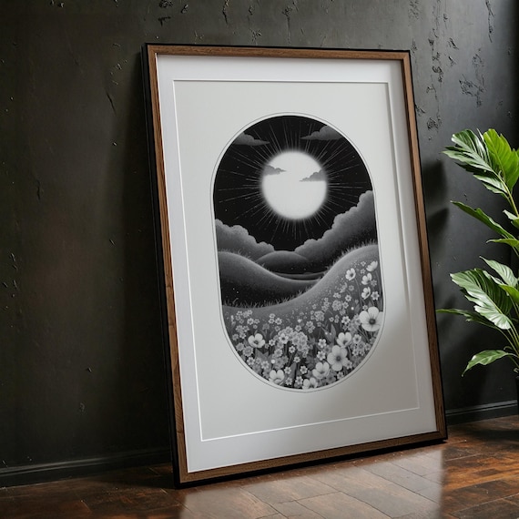 Celestial Black And White Landscape Print Minimalist Starry Night Wall Art Monochrome Space Modern Decor