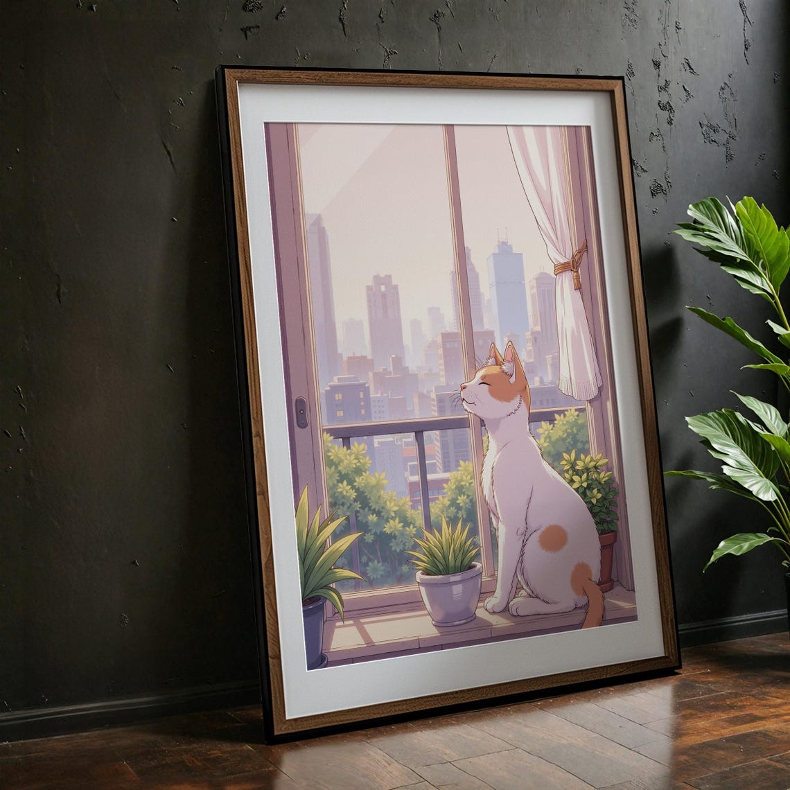 Cozy Anime Cat Sunlit Window City View Ginger Illustration Poster