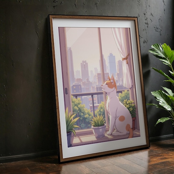 Cozy Anime Cat Sunlit Window City Skyline Cute Illustration Poster