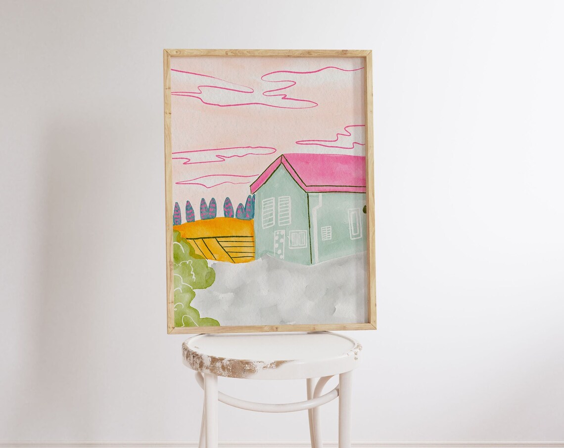 Pink Swiss House Watercolor Painting Art Print