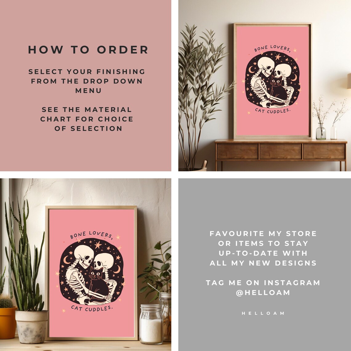 Bone Lovers Cat Cuddles Skeleton Couple Funny Quote Halloween Art Poster - Image 3