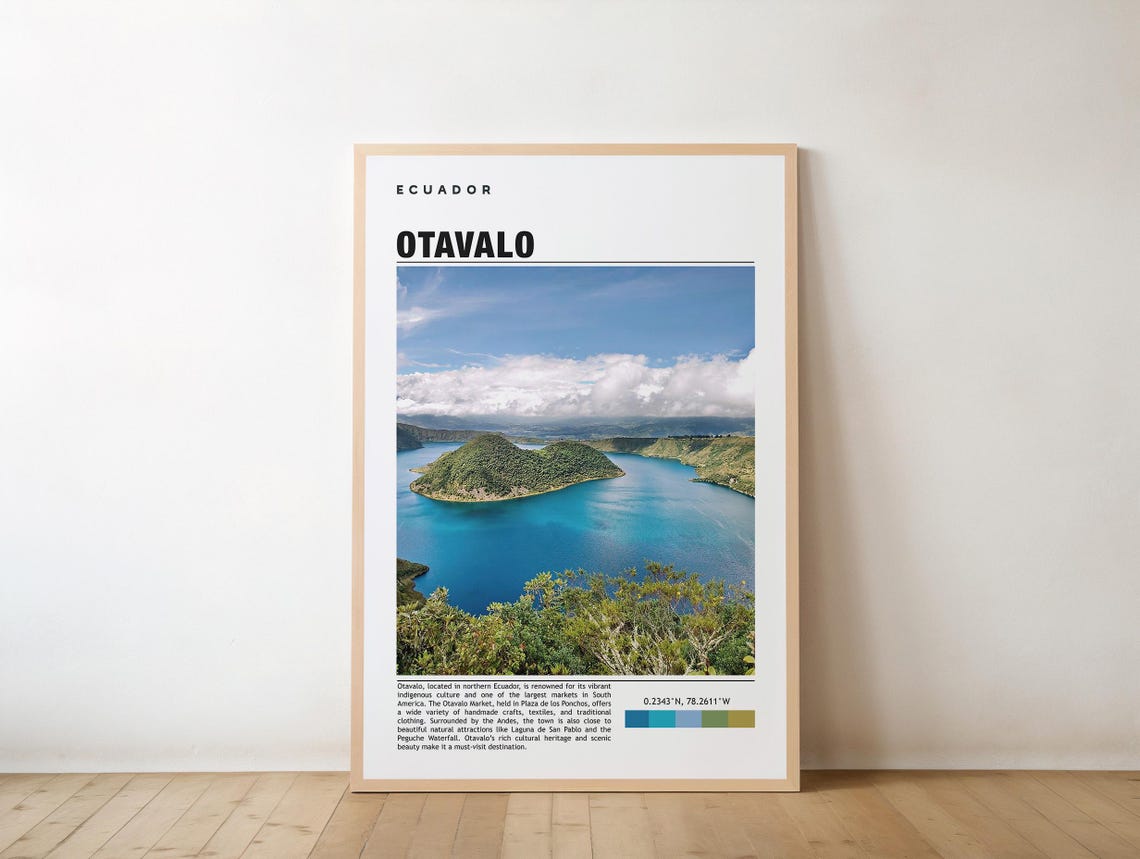 Otavalo Print Ecuador Poster Market Scene Travel Art Andean Culture Scenic Beauty Ponchos Music Mountains Artisan Goods